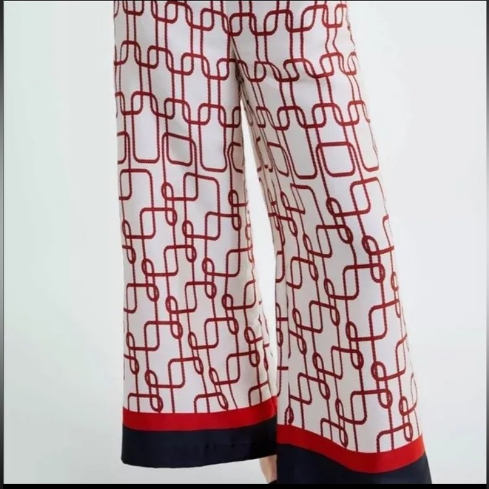 ZARA womens wide leg chain link pants navy red pull on XS - Picture 1 of 8